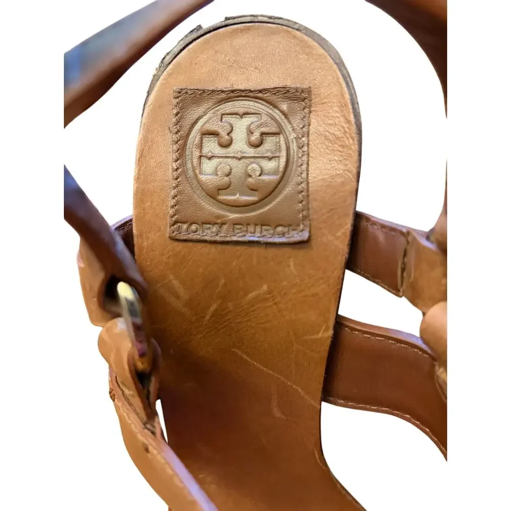 Tory Burch Gipse Almond Antique Veg Leather Heeled Sandals Size 9M